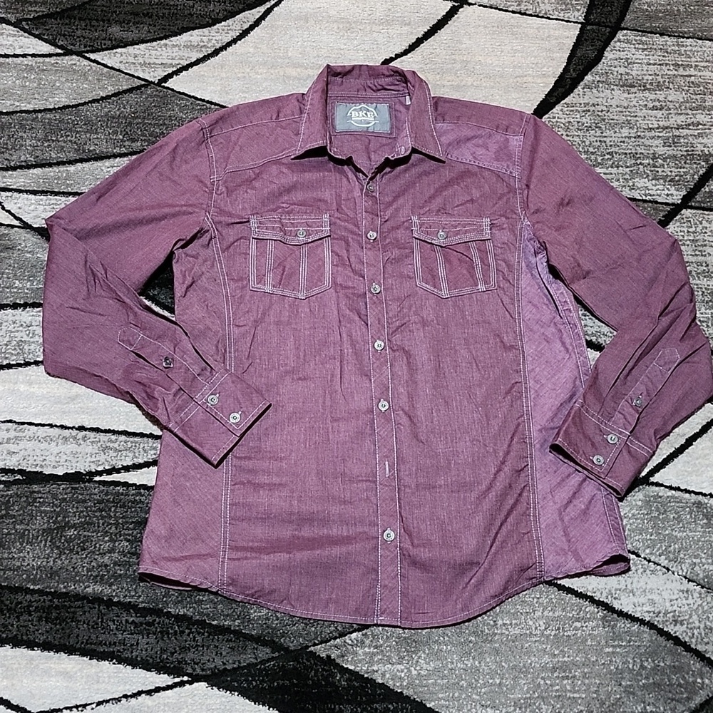 BKE ATHLETIC BURGUNDY & GRAY STITCH CASUAL BUTTON DOWN LONG-SLEEVED SHIRT LARGE